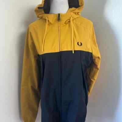 Fred Perry Mens Jacket Windbreaker Hoodie Full Zip Yellow Navy Blue Sz S RARE
