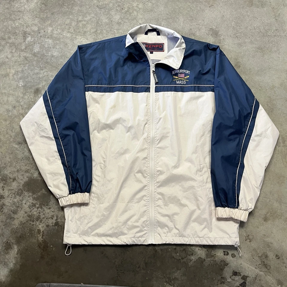 Chaqueta cortavientos vintage KENPO Newburyport Mass para hombre grande azul blanco nailon Foto 2 de 4