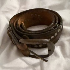 Brown Leather Studded Boho Belt with Brass Silver Metal Buckle