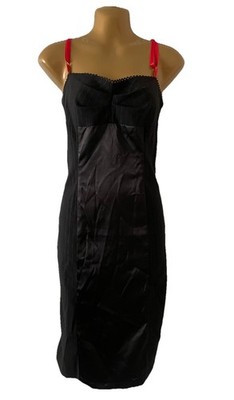 Vtg 90s Y2K Fredericks Black Dress Strappy Pinstripe Rivets Satin Babydoll Sz L