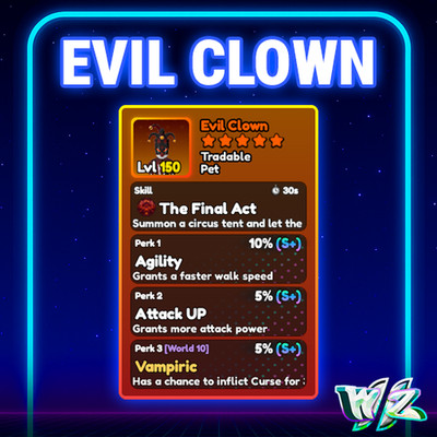 World Zero WZ - EVIL CLOWN PET - LVL 150 - PERFECT VAMP PERKS