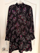 EUC! LOFT Black Paisley A-Line, Puff Sleeve, High Neck, Lined Dress (6)