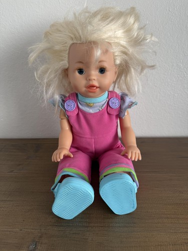 Untested Vintage Talking Doll Plush 16 Inch Pink Overalls Blue Shoes Soft Toy