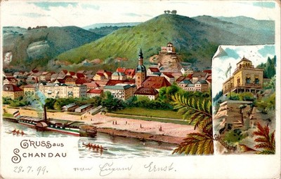 LITHO GRUSS AUS BAD SCHANDAU SÄCHS. SCHWEIZ OSTERZGEB. SCHLOSS BASTEI COL. 1899