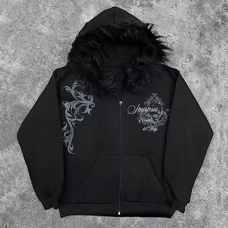 Y2K Sudadera con Capucha con Cremallera Harajuku Cuello de Piel Sintética Calavera Estampado Gótico Sudadera con Capucha Foto 2 de 2
