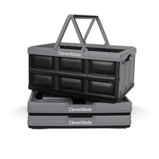 CLEVERMADE COLLAPSIBLE SHOPPING BASKET, 32L STORAGE CRATE, 3 PACK - STONE