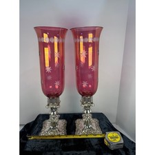 Set of 2 Ruby Red Etched Glass Hurricane Candle Holders Ornate Silver Base