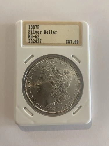 1887 P Morgan Silver Dollar - Vintage Hannes Tulving Holder, BU UNC Slab-8778