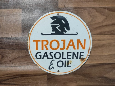 #ad #ad Porcelain Trojan Gasolene amp; Oil Enamel Metal Sign Plate Size 6quot; Inches Round $29.99