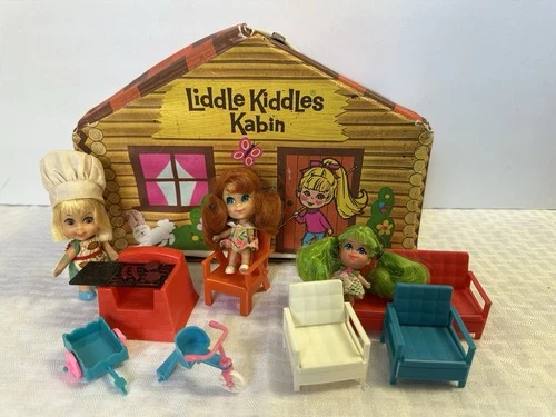Vintage 1968 Mattel Liddle Kiddles Kabin Cabin Case Lot 3 Dolls Furniture Grill