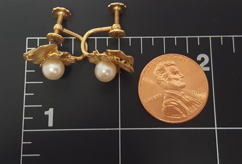 14k Yellow Gold Pansy Flower Earrings 6mm Pearls Screw Back Vtg Orig Box Hinshaw - Picture 5 of 24