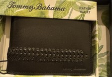NEW Tommy Bahama Men  s Lace Details LEATHER Bifold Wallet BLACK Gift Box