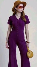 Rare Vintage 70s Jane Irwill Knit Jumpsuit Purple Ribbed Stretch Gold Button M