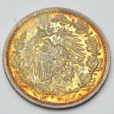 1916-A German Empire 1/2 Mark Silver Coin - Lovely Dual Sided Toning *J3*