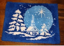 Vintage 20 x 27" Bucilla LATCH HOOK Rug SILENT NIGHT Christmas BLUE Wall Hanging