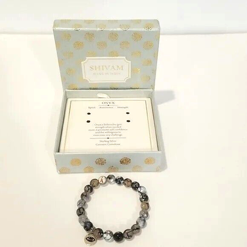 SHIVAM Sterling Silver Onyx/Dragon Vein Agate Evil Eye Bead STRETCH