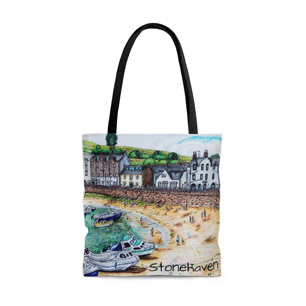 AOP Tote Bag Featuring Stonehaven Beach Art Design-image