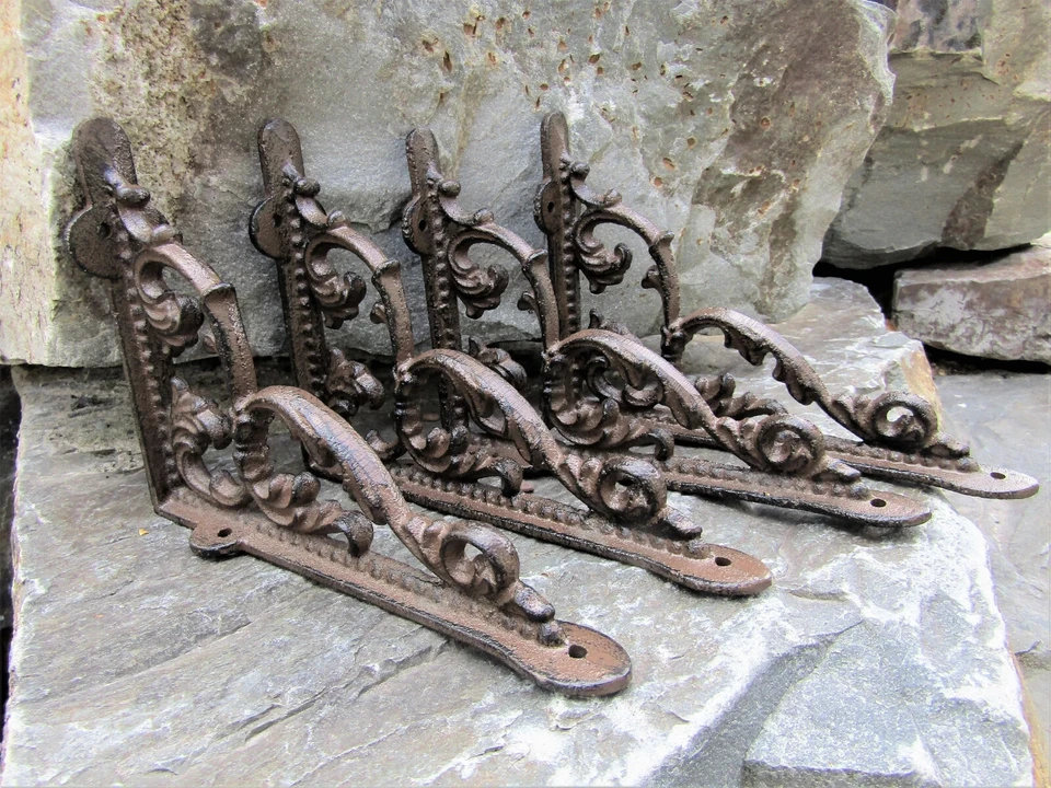 Juego de 4 soportes de estante de hoja de hierro fundido marrón oscuro 5,5" x 7,5" pequeños rústicos Foto 3 de 4