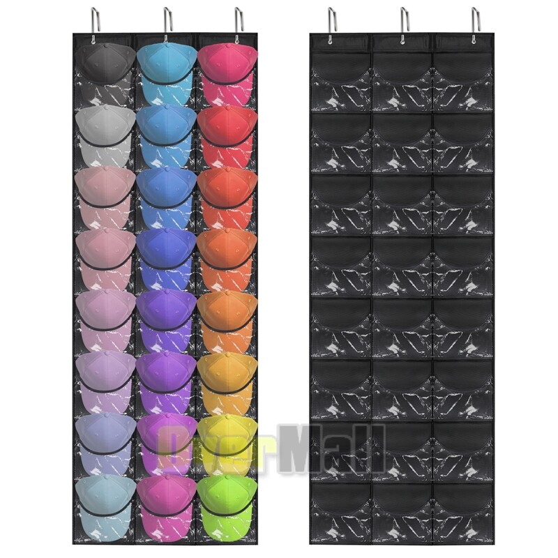 Baseball Cap Storage Hanger - 24 Clear PVC Pockets, Over-Door/Wall Mount, Hat Organizer Rack
