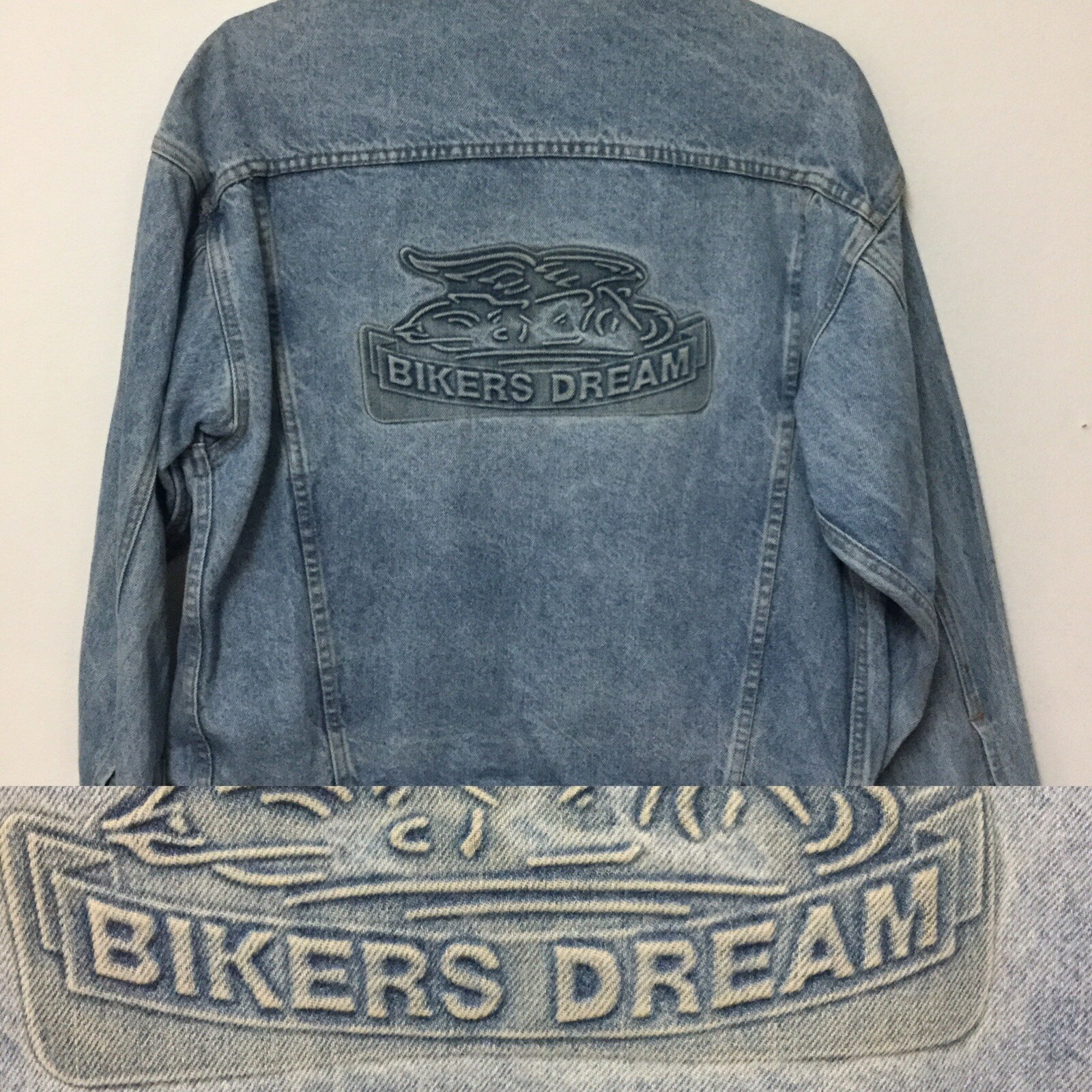 Denim Jacket “BIKERS DREAM” Embossed on the Back Naturally Faded.-image