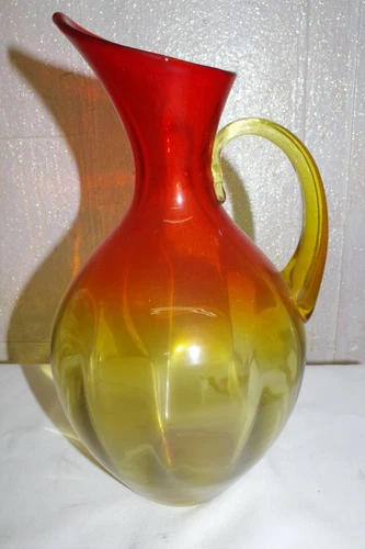 #95 Vintage Blenko Tangerine Amberina Blown Art Glass Pitcher Jug