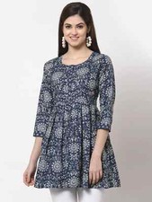 Indian Women Cotton Blue Cream Printed Kurta Kurti Top Tunic New Dress
