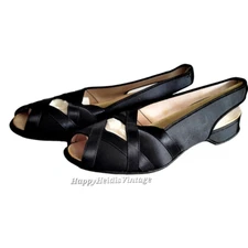 Vintage Daniel Green Black Retro Glam Satin Open Toe Sling Back Slippers Shoes