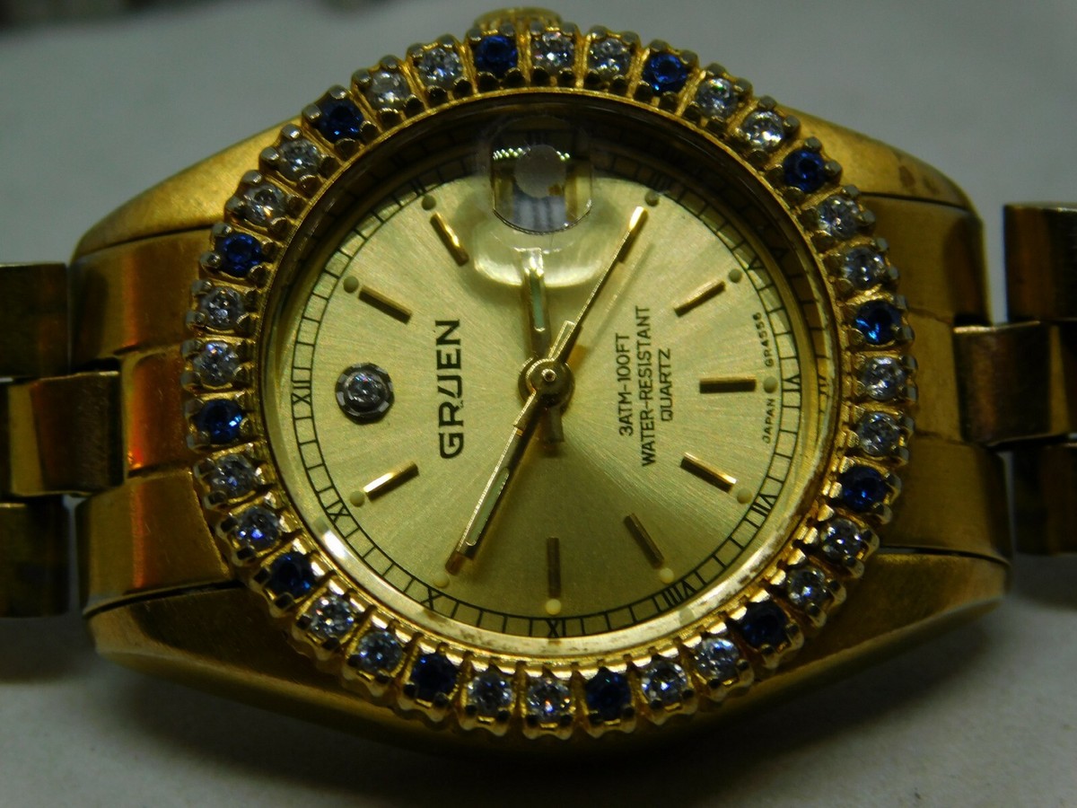 Gruen 237-2015 Diamond Gem Stones Quartz Women's Watch Sz. 7 1/4