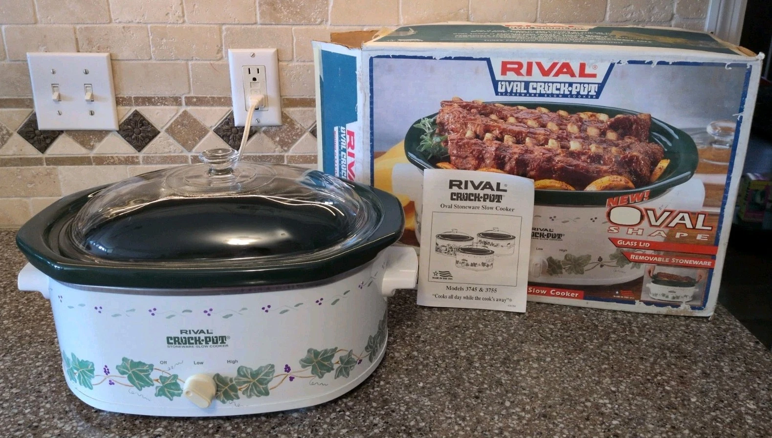 Rival 4.5 Qt Stoneware Oval Crock Pot Slow Cooker#3745 Green Ivy Open Box New