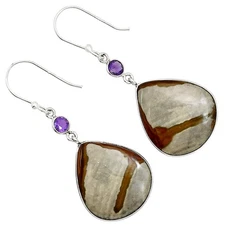Natural Polygram Jasper & Amethyst 925 Sterling Silver Earrings Jewelry E-1002