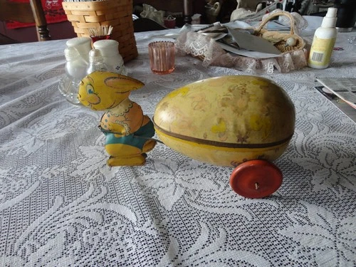 J Chein tin easter rabbit pulling an egg cart