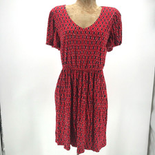 LOFT Dress Womens XS Red Blue Tribal Print Blouson Knit Lined Flutter Cap Sleeve