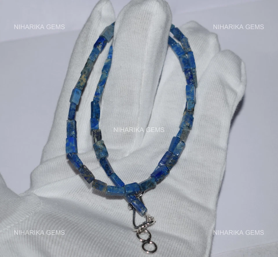 925 Silver Box Lapis Lazuli Stone Boho Art Deco Artisan Wedding Beaded Necklace - Image 4 of 4