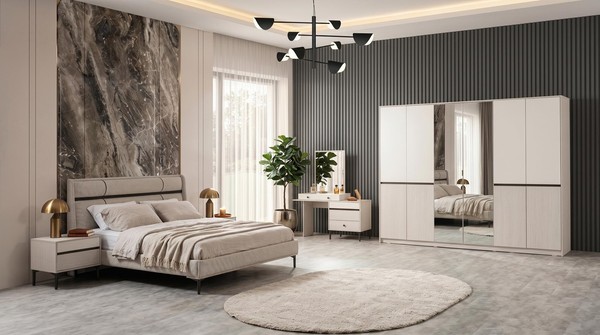 Beiges Schlafzimmer-Set Bett Kleiderschrank Frisiertisch Nachttische LuxuriöS-image