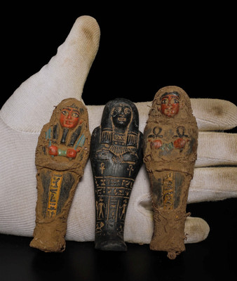 Authentic Ancient Egyptian Ushabti Set of 3 Wrapped in Linen Artifact Figure BC