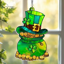 Pot of Gold St Patrick s Day Acrylic Suncatcher, Leprechaun Shamrock Irish Gift