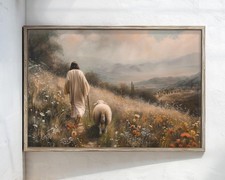 Jesus Leaves the 99 Sheep Art  Christian Landscape Canvas Wall Decor