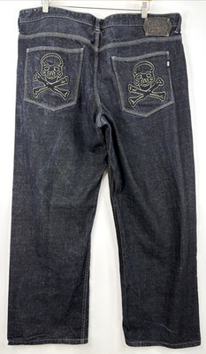 Y2K ECKO Unltd Baggy Embroidered Blue Jeans Embroidered Skull/Crossbones 42x31''