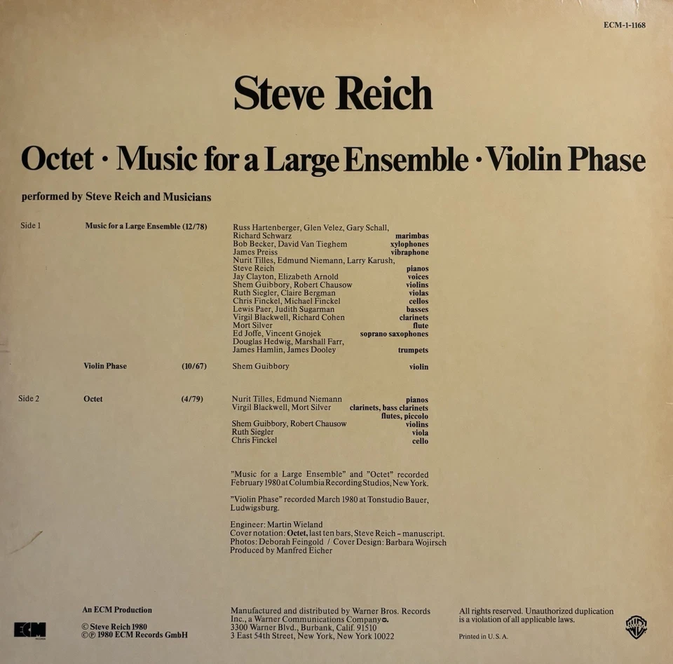 Steve Reich - "Octet музыка для большого ансамбля - скрипка фазы" виниловая пластинка 1980 - Изображение 2 из 2