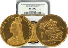 1887 Great Britain: Victoria gold 5 Pounds NGC MS63 Prooflike
