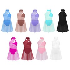 Girls Chiffon Dress Cutout Back Halter Neck Skating Ballet Lyrical Dance Leotard