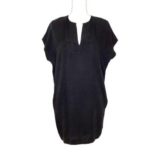 Mini Vestido Vince Negro Seda Cuello en V Mangas Cortas Bolsillos Laterales Mujer Pequeño - Imagen 2 de 8