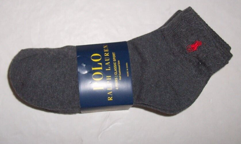 Polo Ralph Lauren 6 paia calze sportive classiche grigie taglio basso uomo PONY ROSSO nuove con etichette
