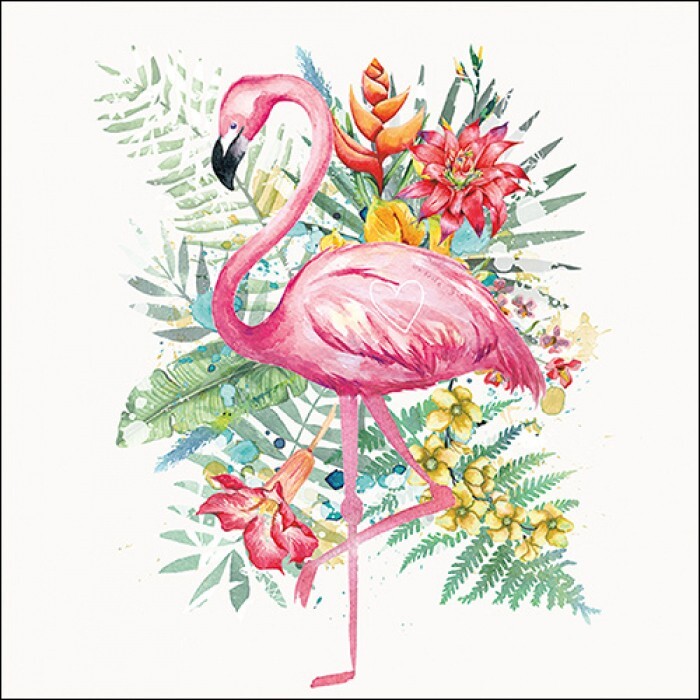 4x Single Napkin/3-Ply/33cm/Decoupage/Tropical Flowers/Pink Flamingo
