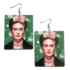 Frida Kahlo Rectangle Statement Dangle Wood Earrings