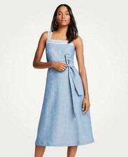 ANN TAYLOR LIGHT BLUE WAVY TRIM CHAMBRAY MIDI A-LINE DRESS SIZE: 2 NWT $159