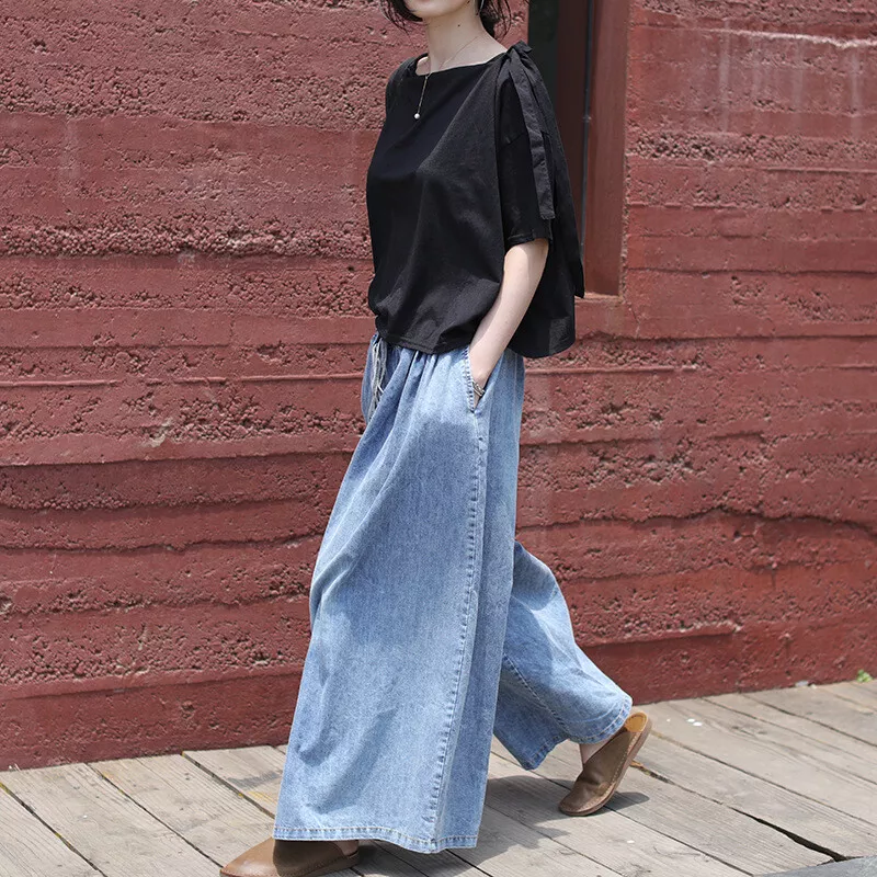 High waisted denim palazzo pants sales
