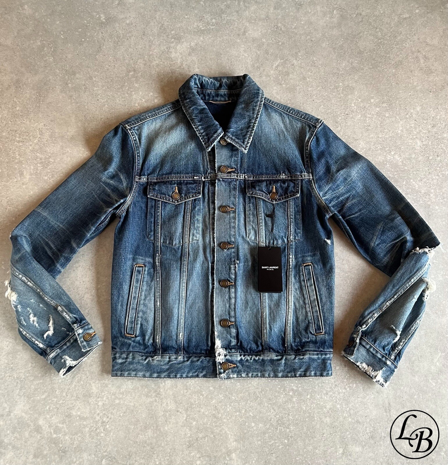 Giacca di jeans Saint Laurent California blu invecchiato taglia small prezzo consigliato £ 725