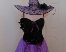 Complete Custom Black Corset Witch Costume Violet Skirt  Sheer Conical Hat Size