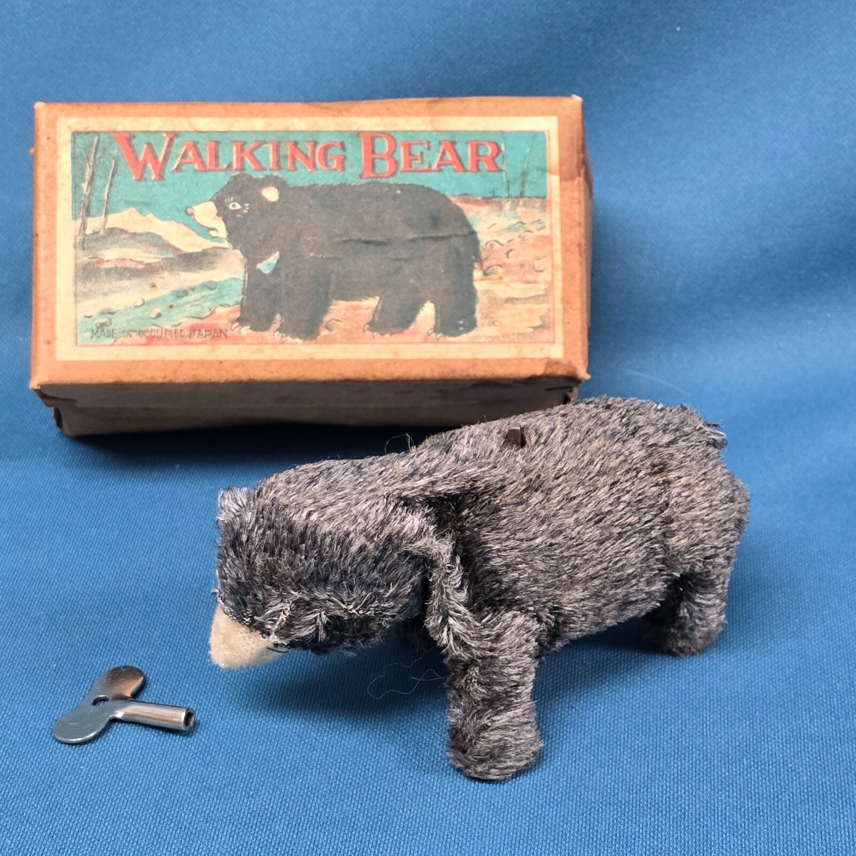 Vintage 1950s Tin Plush Wind Up Walking Bear Toy w/Box